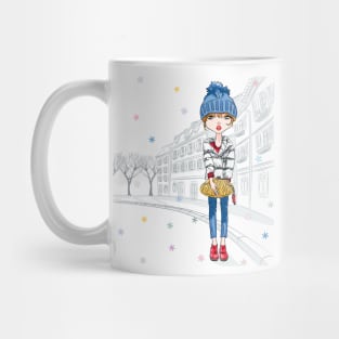 Beautiful fashion girl in winter clothes in Old Town Mug